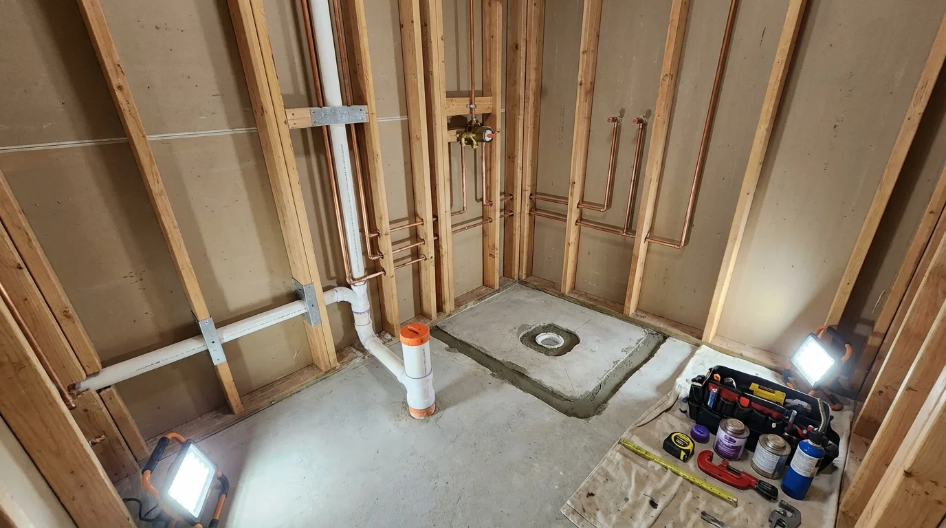 Bathroom rough-in plumbing during remodel by Johns Plumbing LLC in Oregon City