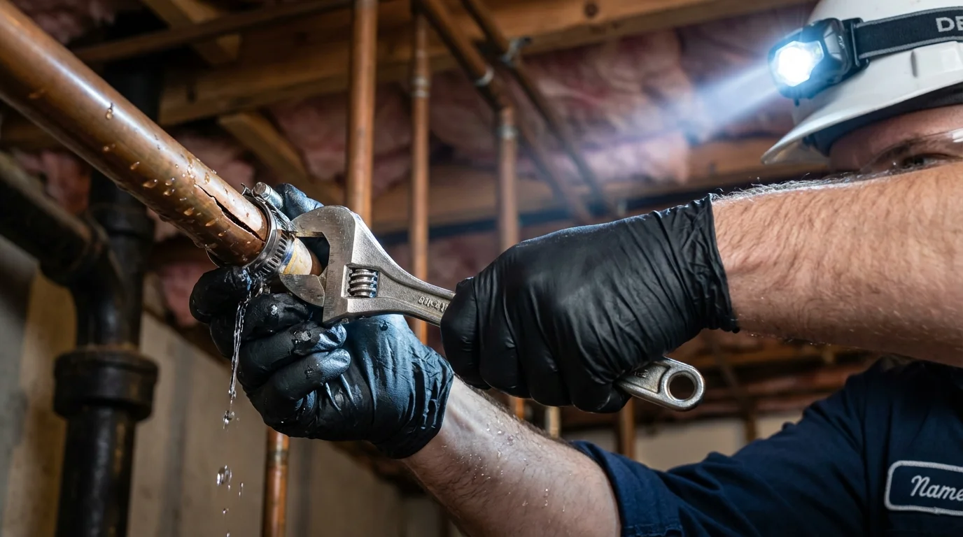 Emergency pipe clamp repair being performed by a Johns Plumbing LLC plumber in Oregon City