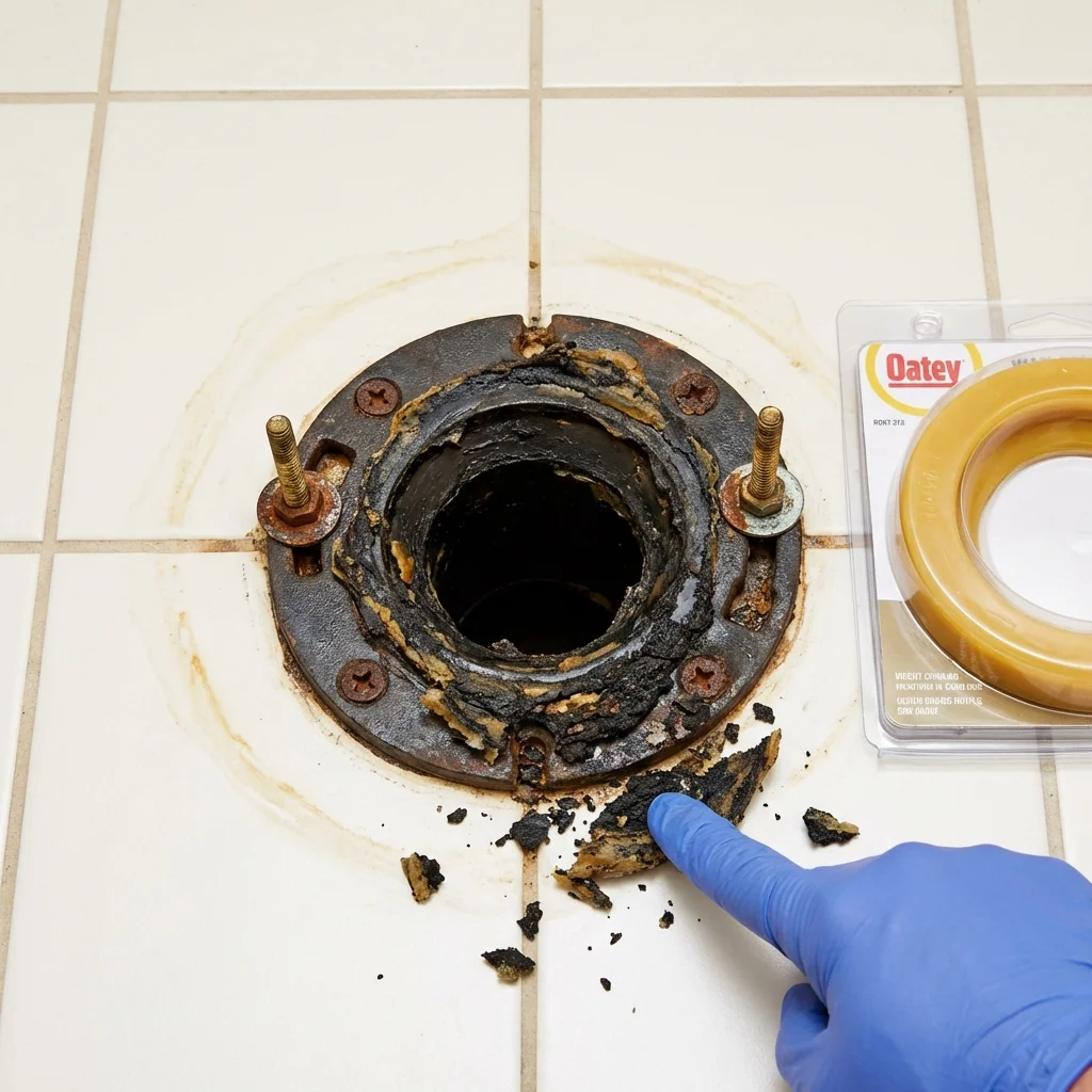 Failed wax ring showing water seepage at the base of a toilet in a Oregon City, OR home