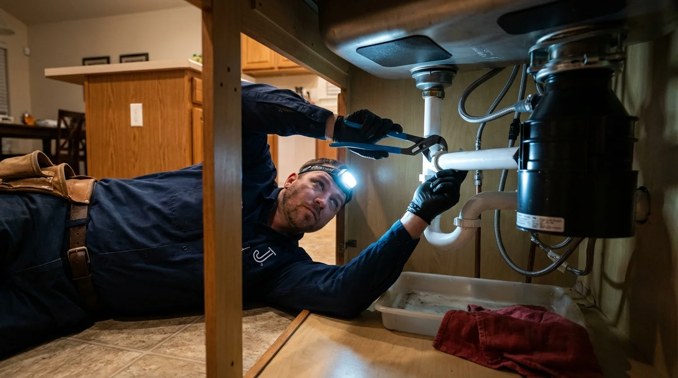 P-trap and supply line connections under a kitchen sink showing a common leak point in Oregon City, OR